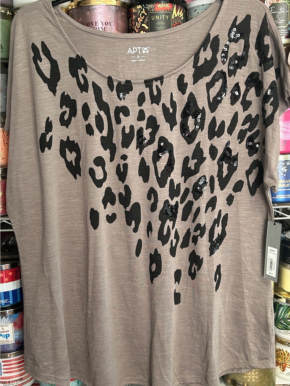 Apt. 9 Taupe Leopard Print Sequin Short Sleeve Tee